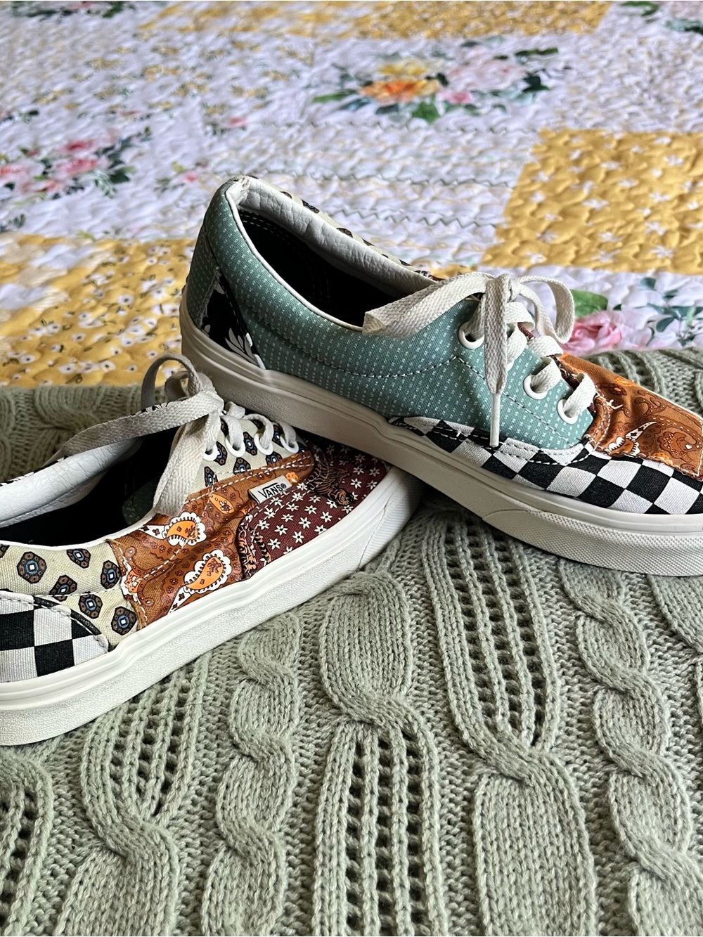 Vans Patchwork Checkerboard Low Top Sneakers - Mint, Brown, Black, White